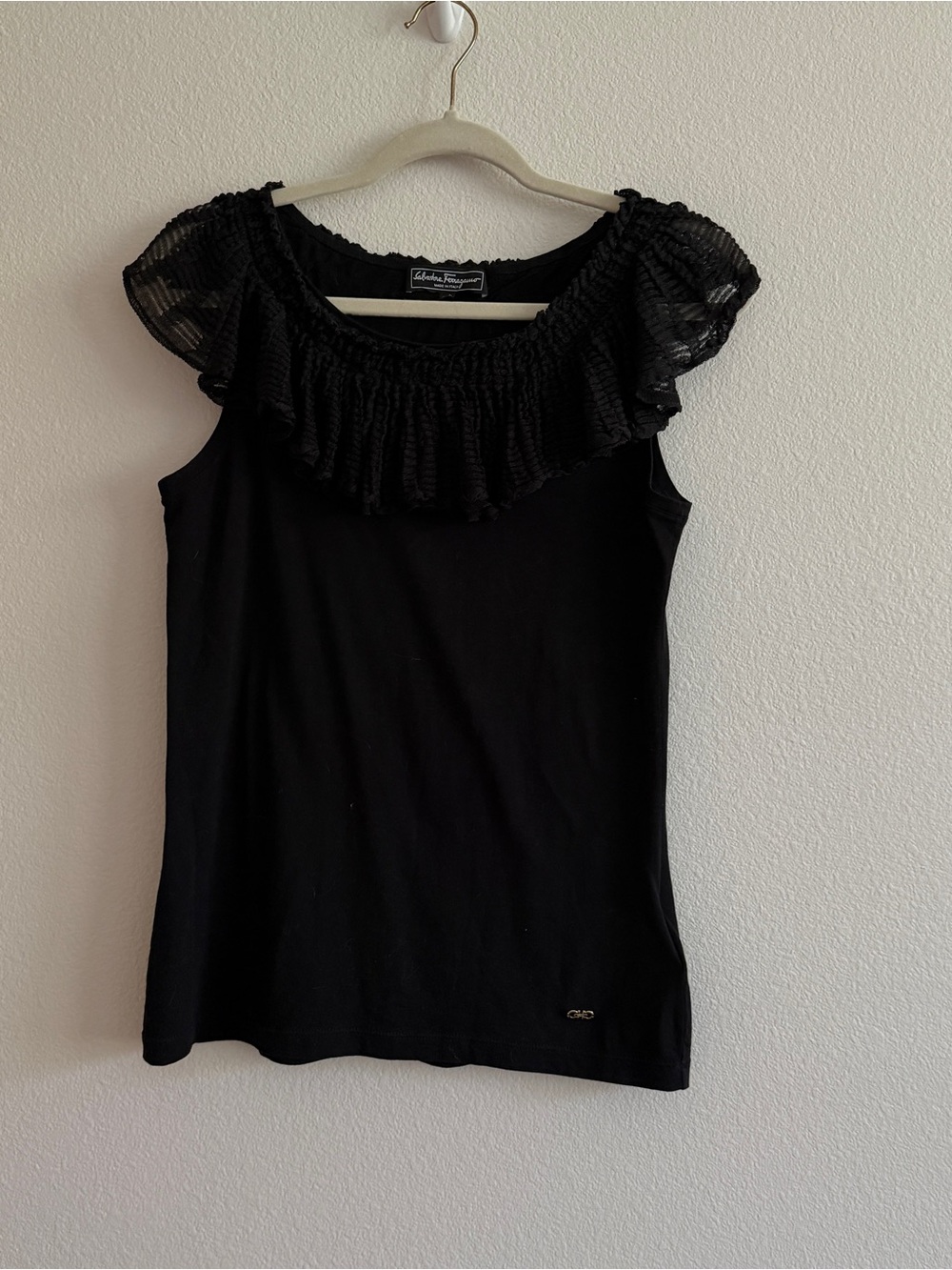 Salvatore Ferragamo Black Ruffle-Trim Sleeveless Top